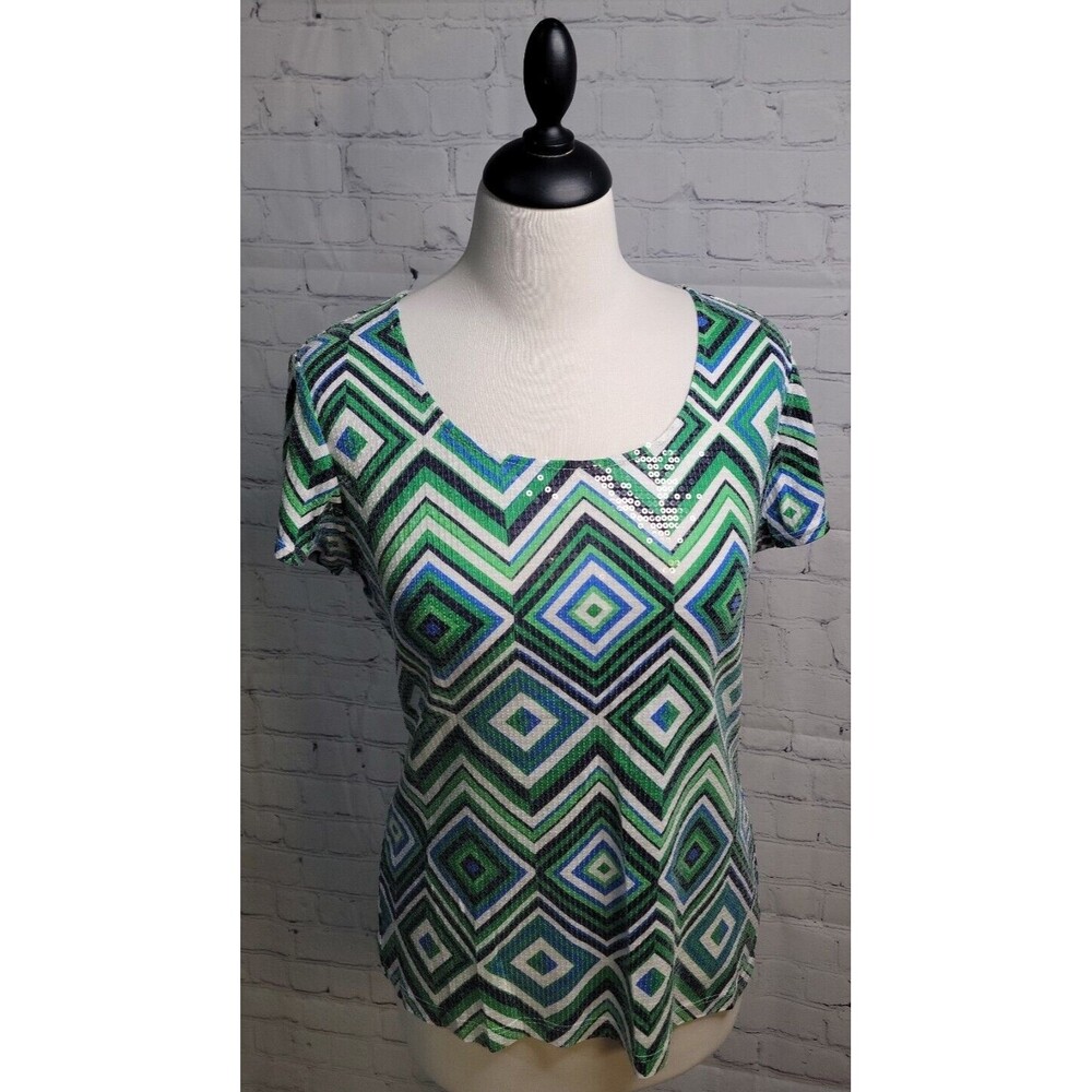 Chico's Black Label Sequin Sz 1 Shirt Geometric Green Blue Multicolor Women Med